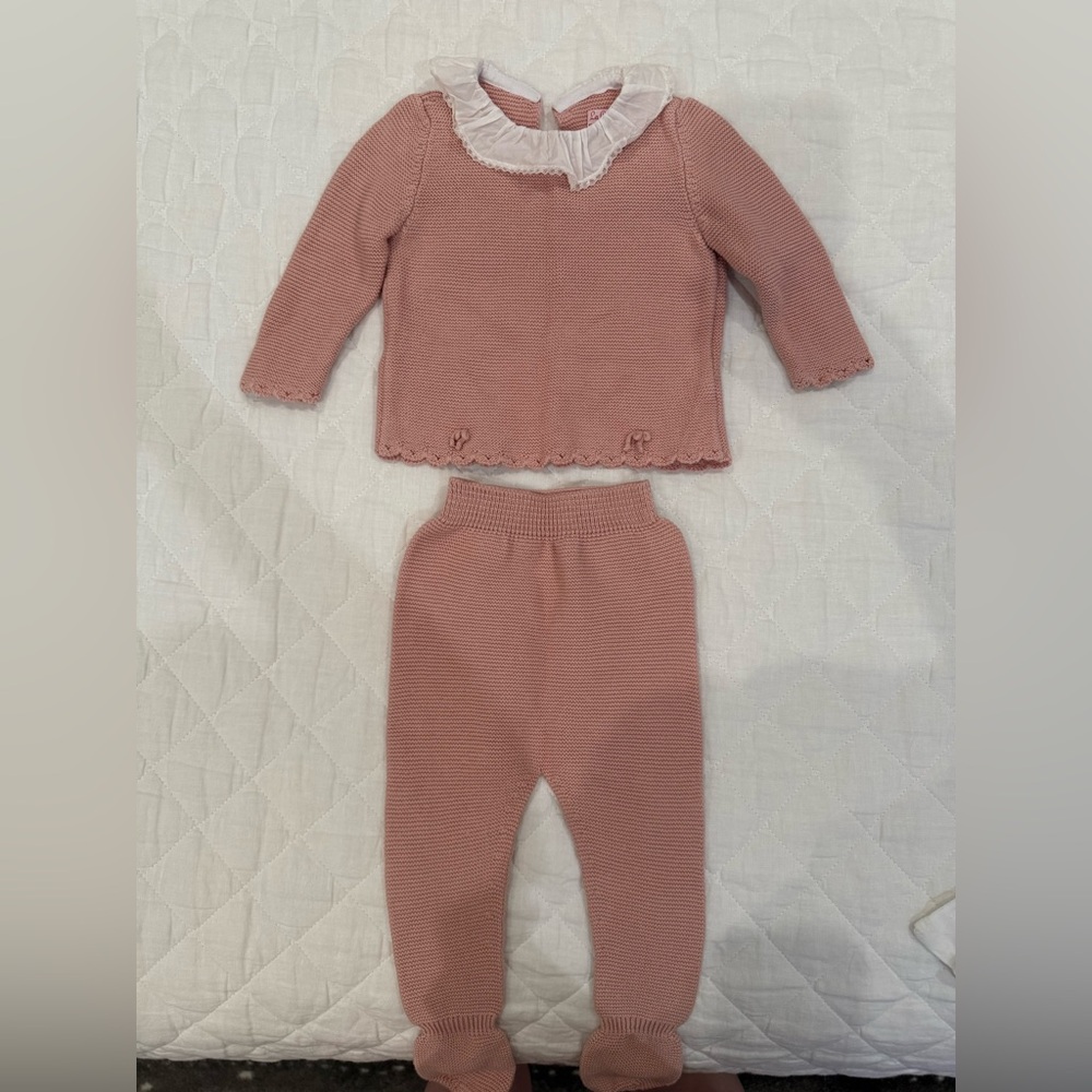 La Coqueta Baby Girl Pink Matching Set with Ruffled Collar 6M
